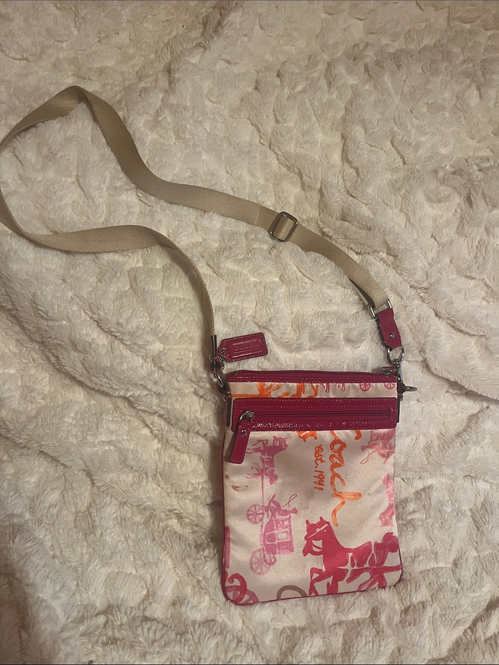 Coach Poppy Pink Printed Crossbody with Beige Strap